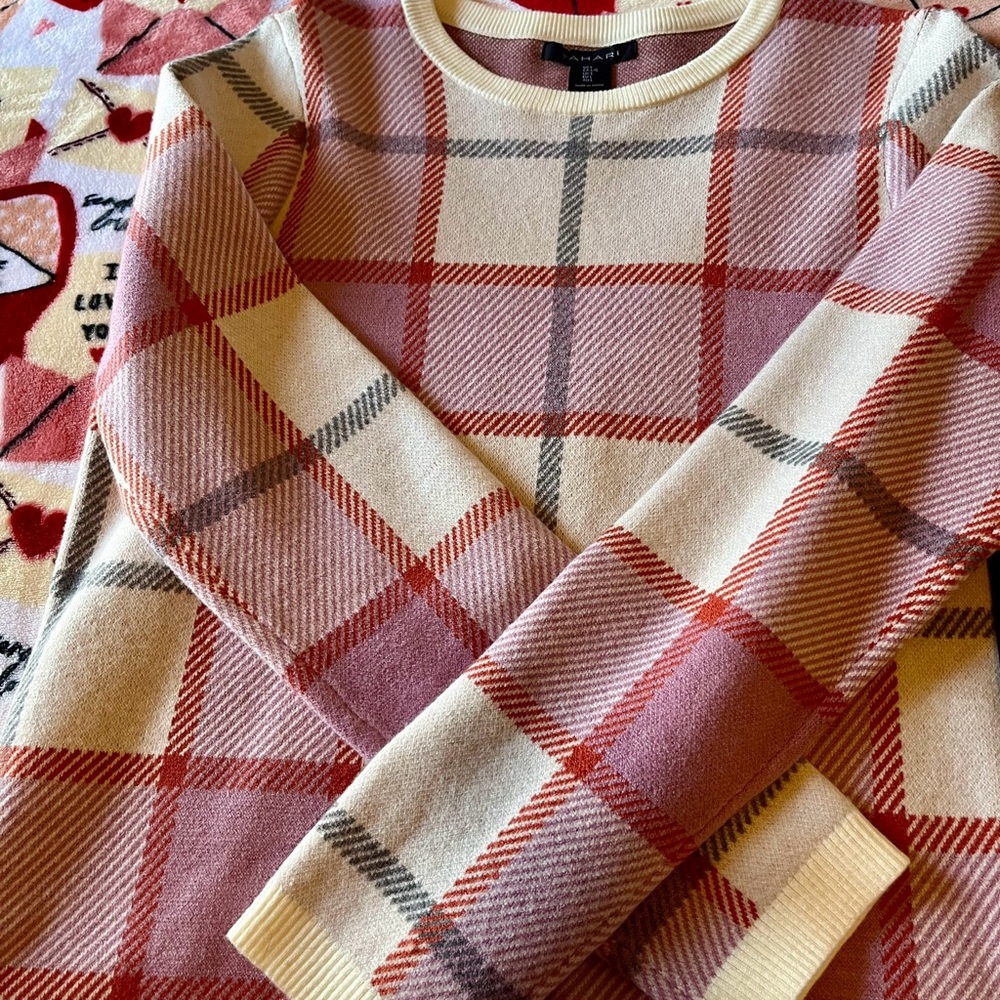 Love is in the Air Sweater - Cream, Red and Pastel Plaid